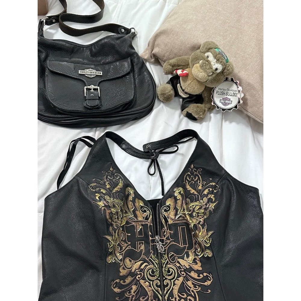 Harley Davidson  Bear, Leather Hobo Handbag and Size L Leather Halter Top Set